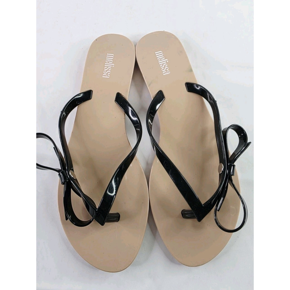 Melissa Harm Sweet VIII Flip Flops Black/Beige Sandals Bow Women's Size 7